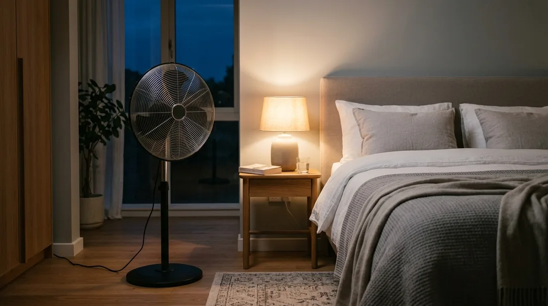 Ventilator neben einem Bett in einem abgedunkelten Schlafzimmer am Abend