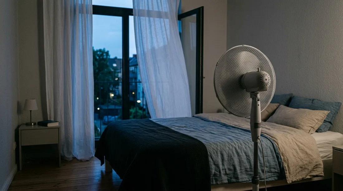 Standventilator am Fußende eines Bettes in einem Schlafzimmer in der Dämmerung, der Kopf ist vom Bett weggeschwenkt, am geöffneten Fenster bewegt sich ein heller Vorhang