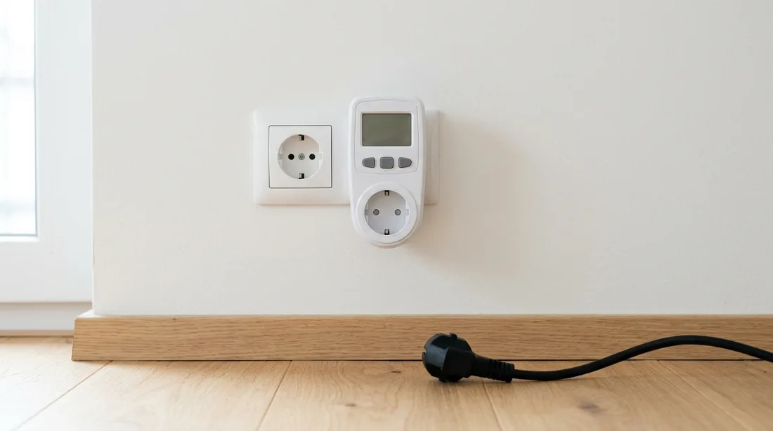 Energiekostenmessgerät in einer Wandsteckdose, daneben ein Netzstecker mit Kabel auf dem Holzboden