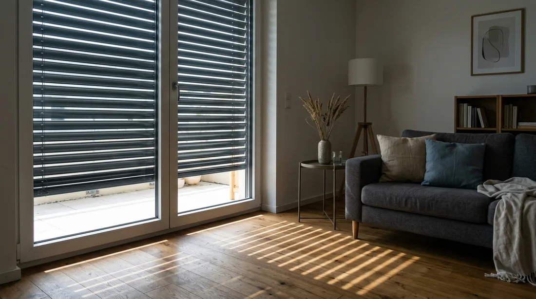 Wohnzimmer mit vollständig heruntergelassener Außenjalousie an einem Sommertag, der Raum liegt im Halbschatten